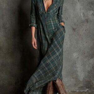 Women's Plaid Lapel Single-Breasted Shirt Maxi Dress